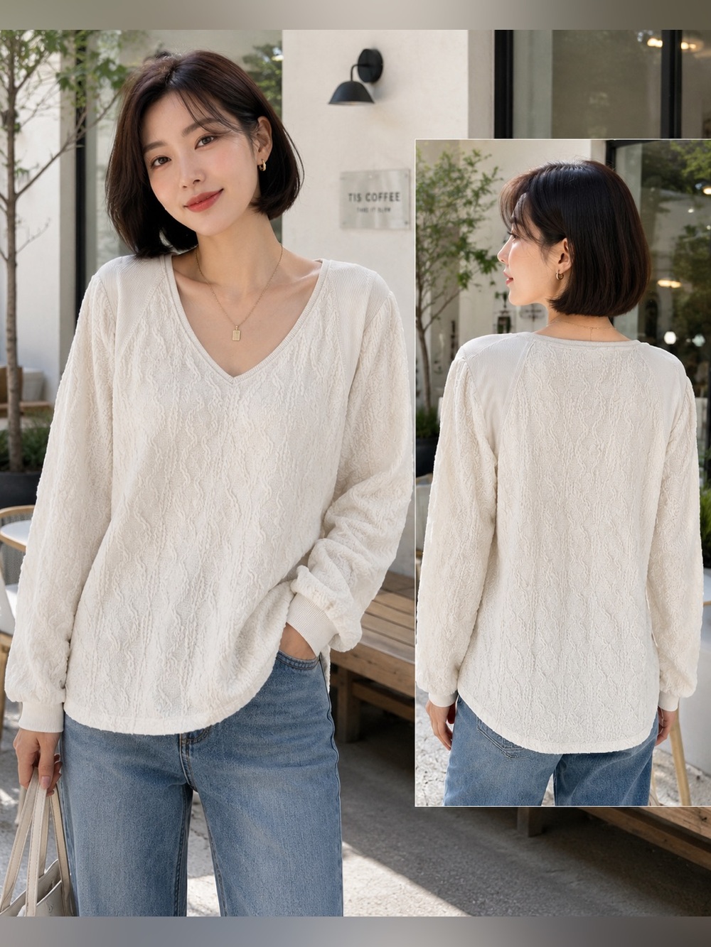 Democracy Ivory Textured V-Neck Split Sleeve Top | Sz PM